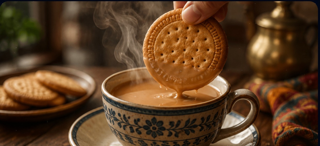 A round biscuit being dunked into a steaming cup of milky chai.